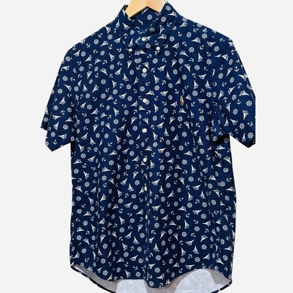 Ralph Lauren Nautical Blue Short Sleeve Button Down Flesh Pony Shirt Mens Medium - Picture 2 of 12